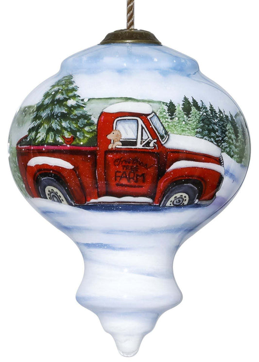 Hand-painted glass hanging ornament with red truck and snowy trees