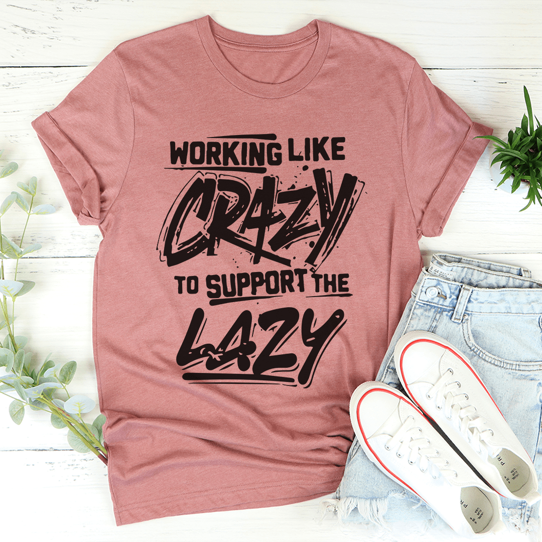 Mauve crewneck T-shirt with 'Working Like Crazy' front graphic