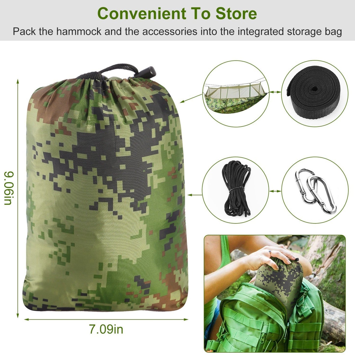 Camouflage hammock with integrated storage bag and accessory straps