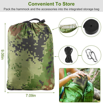 Camouflage hammock with integrated storage bag and accessory straps