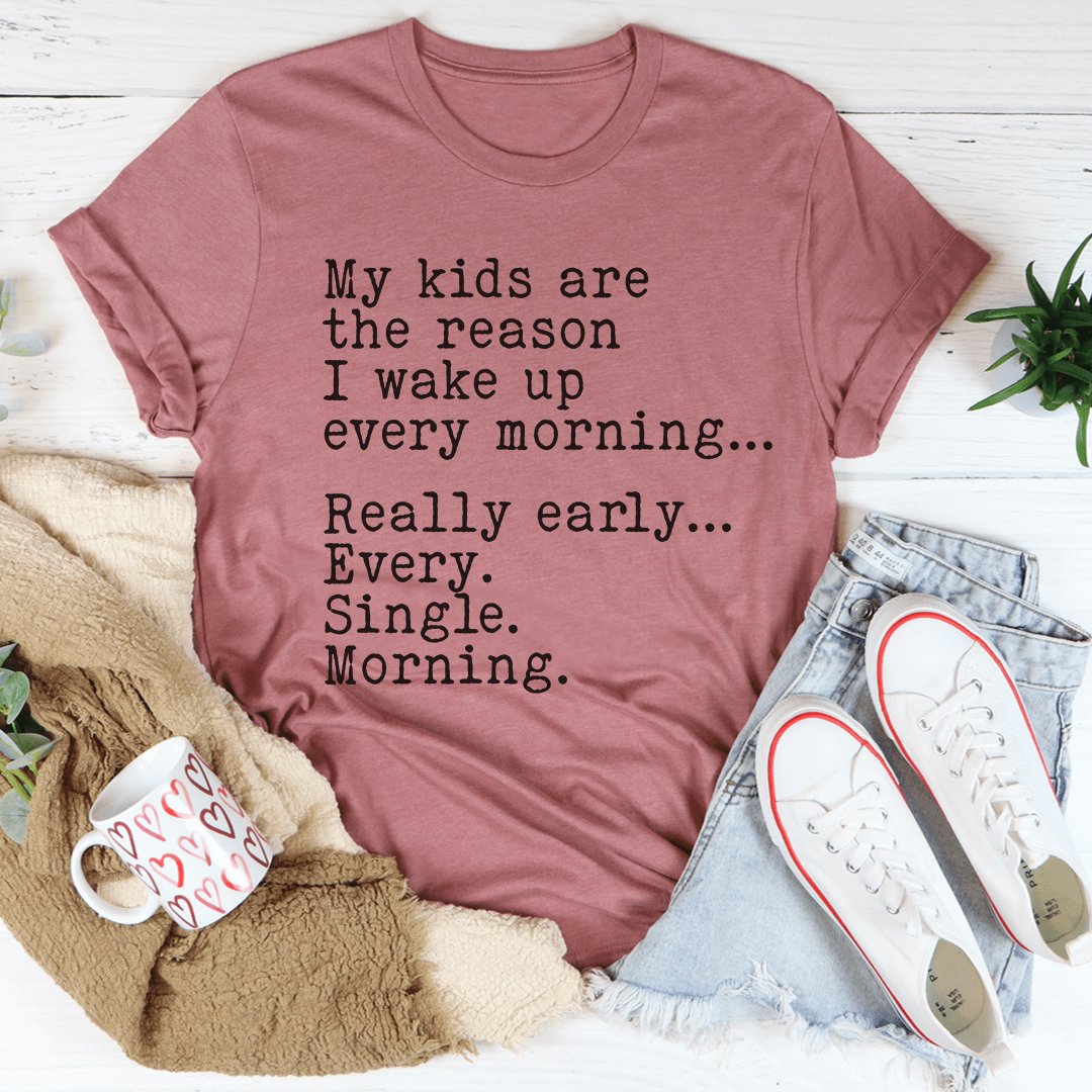 Mauve short-sleeve crew-neck kids graphic T-shirt with front slogan text