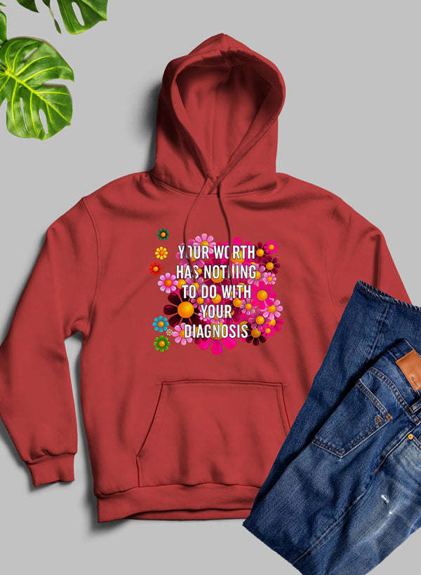 Mauve pullover hoodie with hood and front pocket, colorful diagnosis text