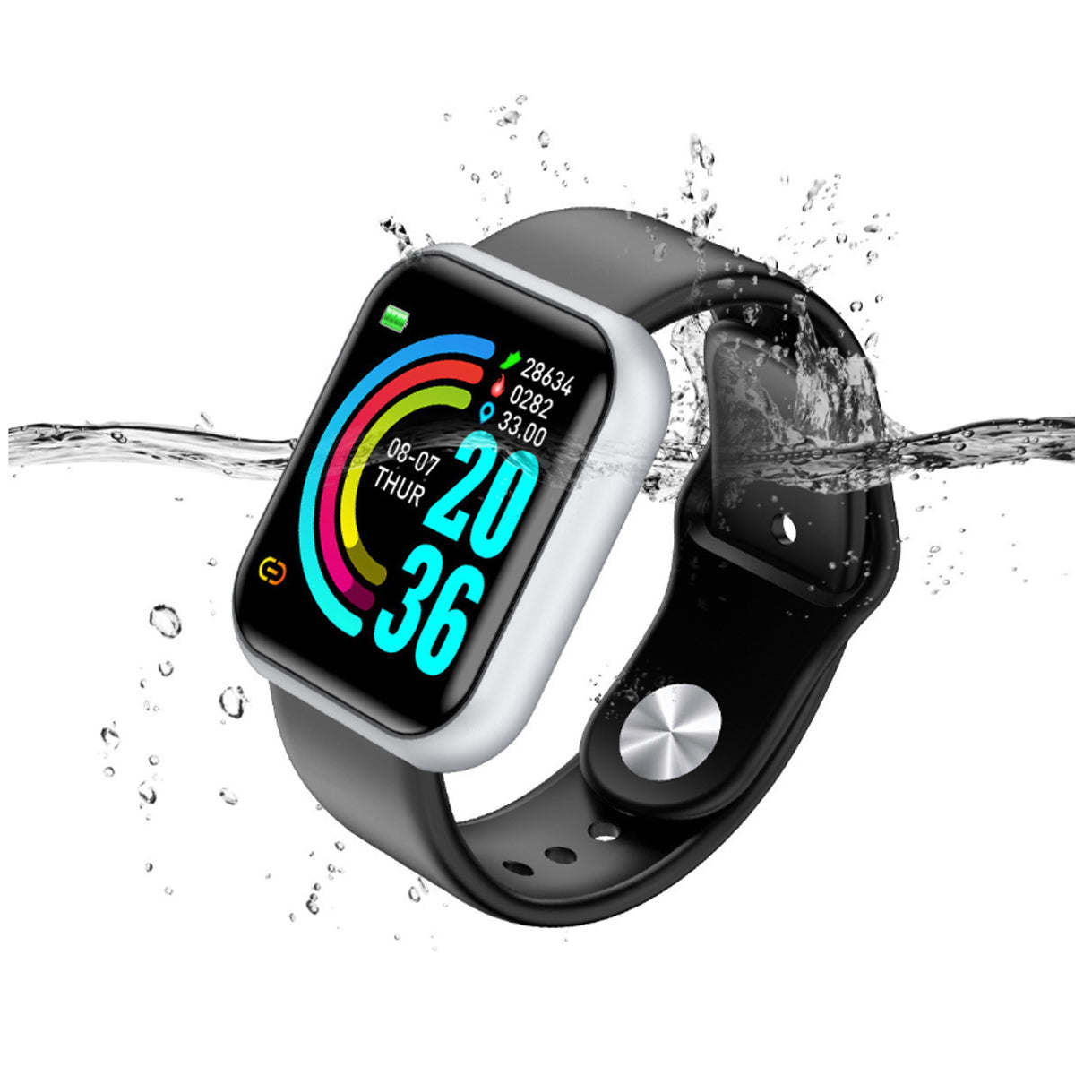 Gray smartwatch and black smartwatch with silicone sport straps in water splash
