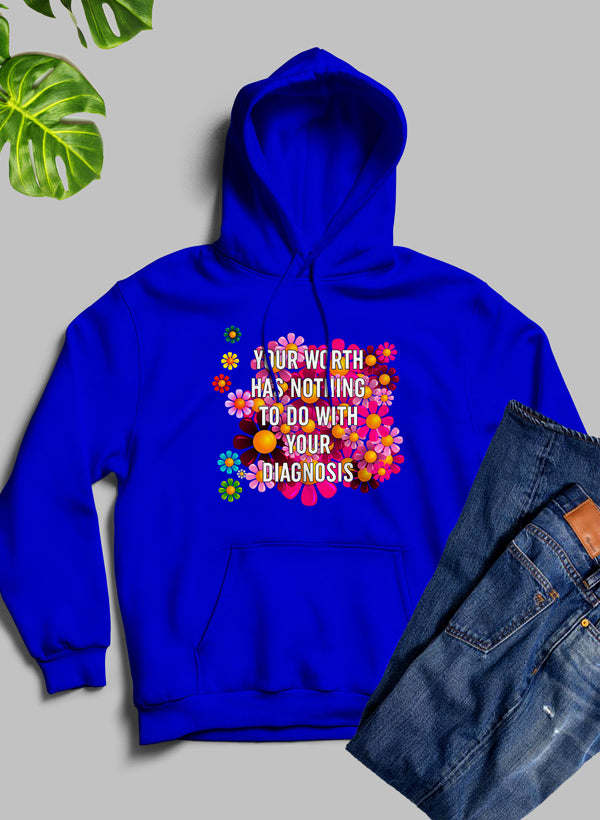Royal blue hoodie with centered colorful flower text graphic, front pocket and hood.
