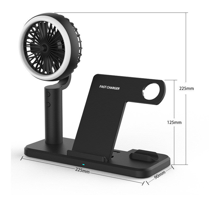 Black wireless charging dock with fan and phone cradle on wide charging base