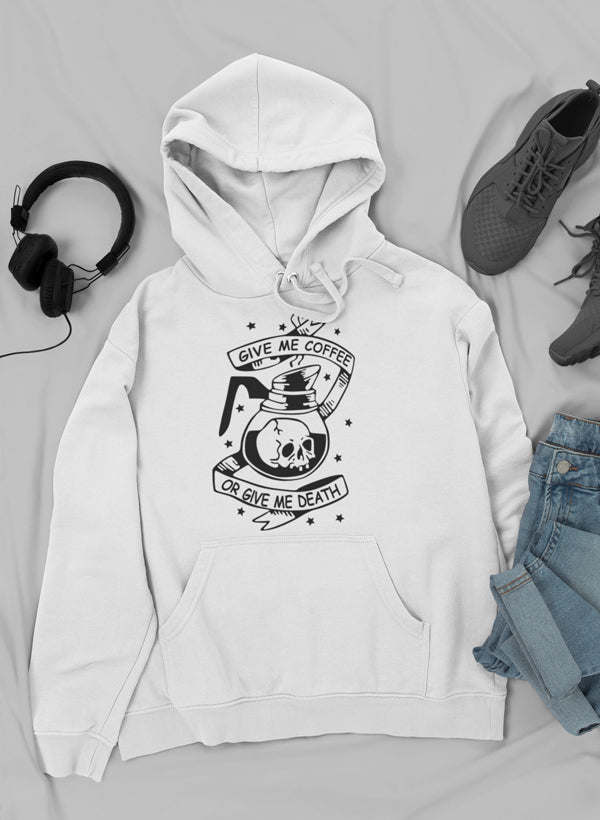 White pullover hoodie with front kangaroo pocket, drawstring hood, and coffee-death graphic.