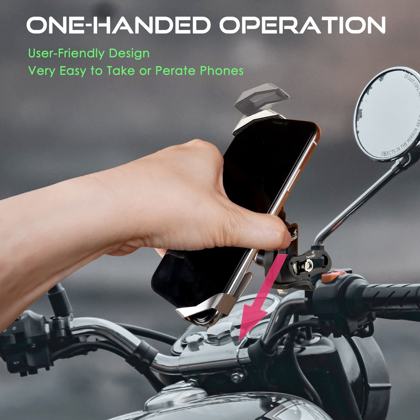 Motorcycle phone mount with one-handed release clamp operated by a hand