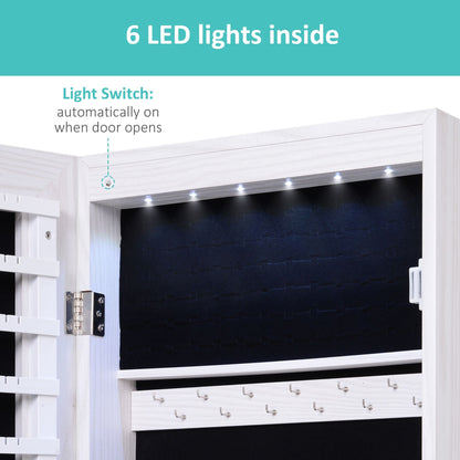 LED Lighted Mirror Jewelry Cabinet Wall Door Mounted Storage Organizer Armoire Wood Grain Gray