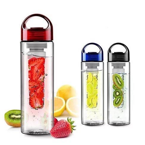 Red fruit infuser water bottle with handle; clear body