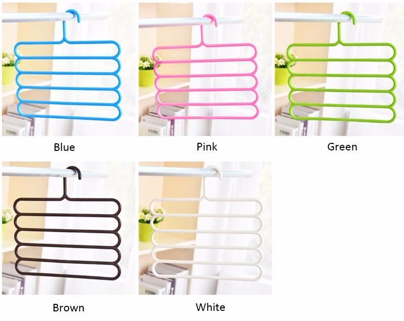Assorted 5-layer plastic hanger colors: blue, pink, green, brown, and white.