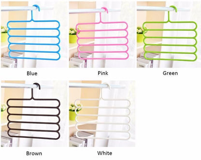 Assorted 5-layer plastic hanger colors: blue, pink, green, brown, and white.
