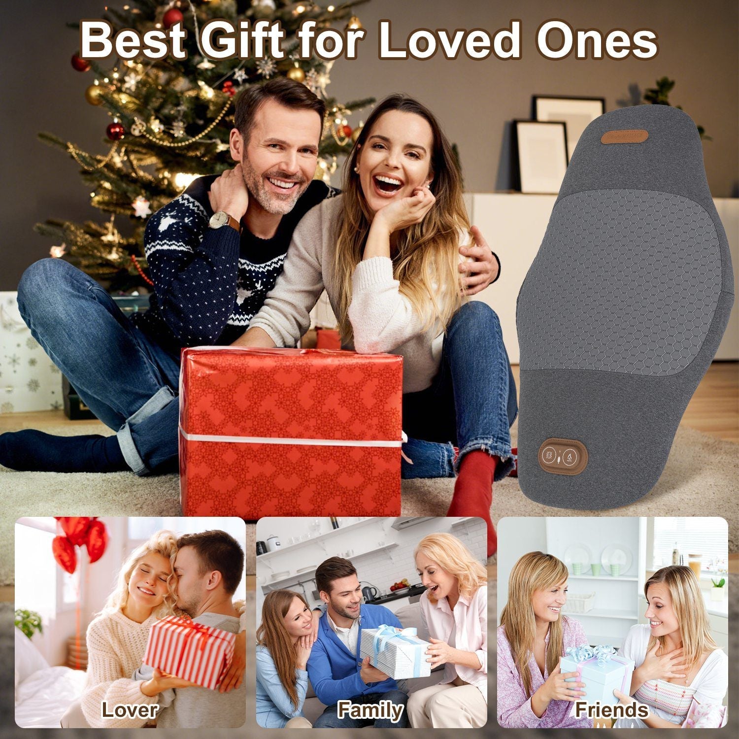 Dark grey lumbar massager pillow upright beside a red gift box