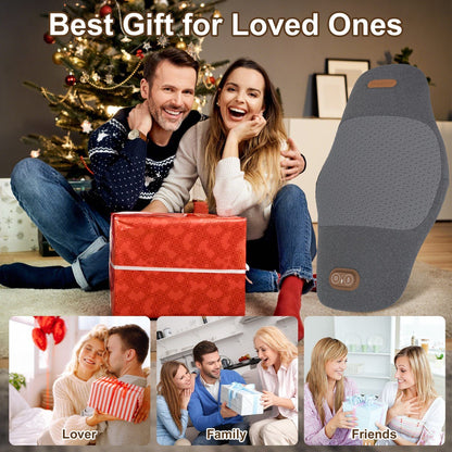 Dark grey lumbar massager pillow upright beside a red gift box