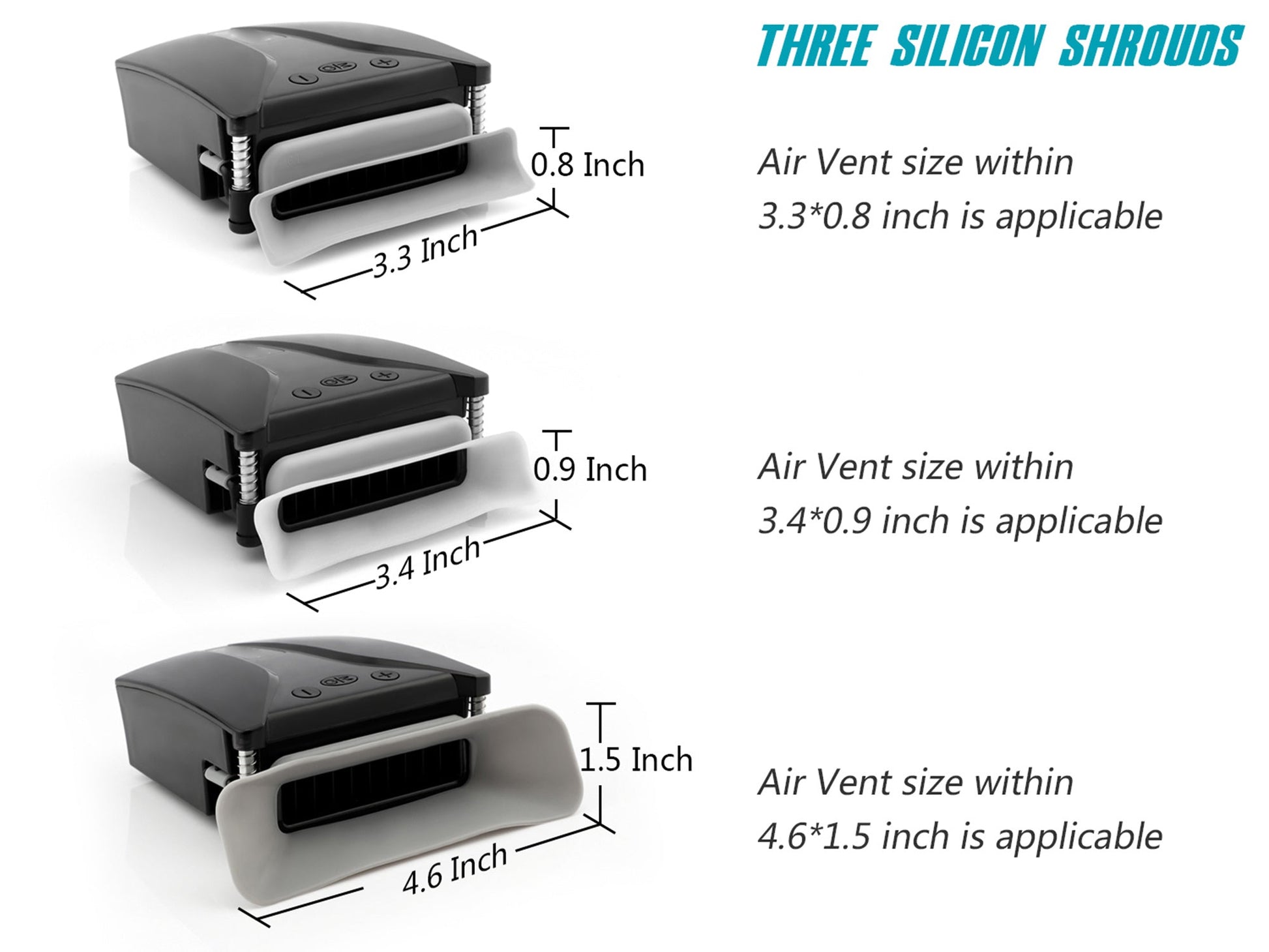 Three black silicone shrouds for a laptop fan cooler to fit different vent sizes