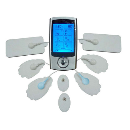 Sore No More relaxer device with multiple white adhesive electrodes and blue tips