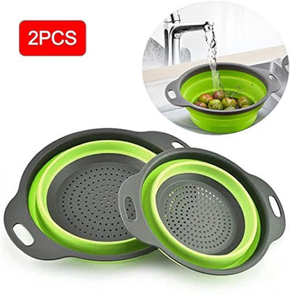 Collapsible silicone colander set of 2, green and gray folding filter baskets