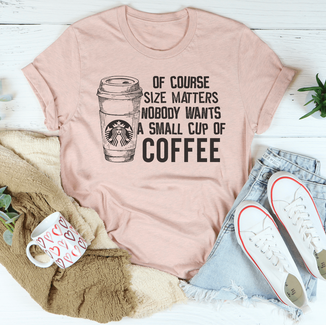 Pink crewneck coffee graphic T-shirt with printed cup and bold text