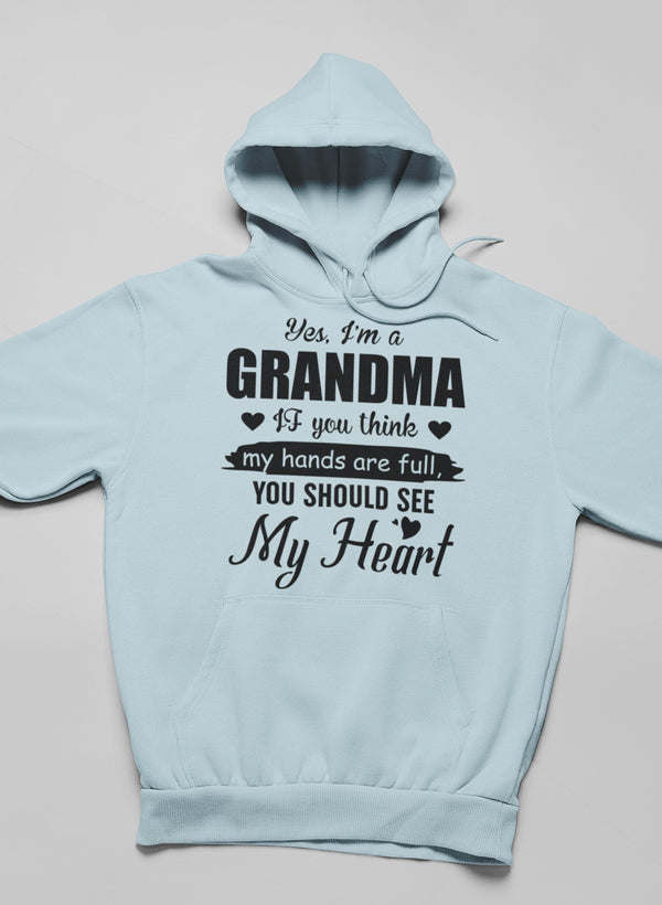 Light blue grandma hoodie with front hood and centered "GRANDMA" heart text