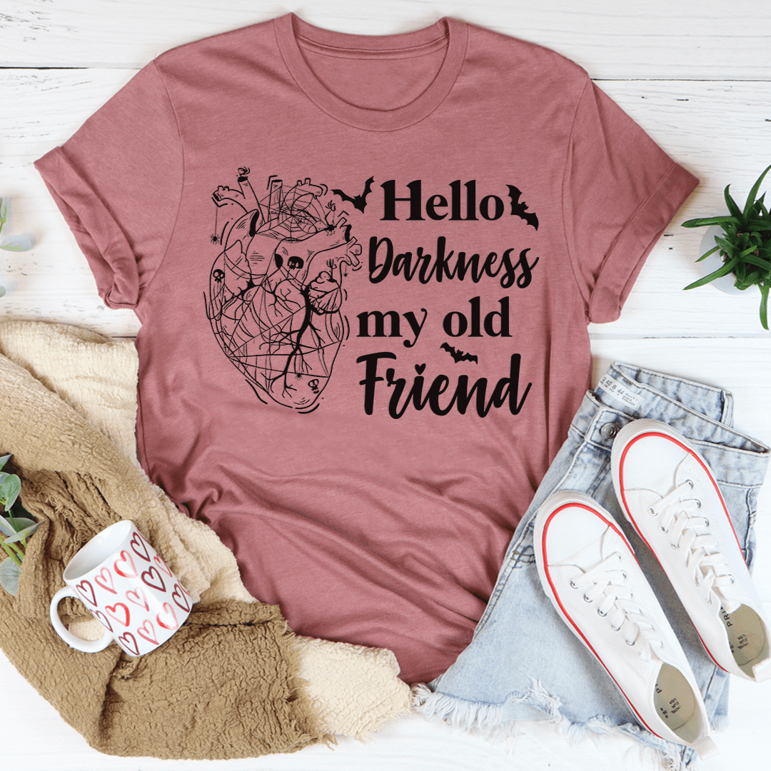 Mauve crew-neck T-shirt with large Hello Darkness my old Friend chest graphic