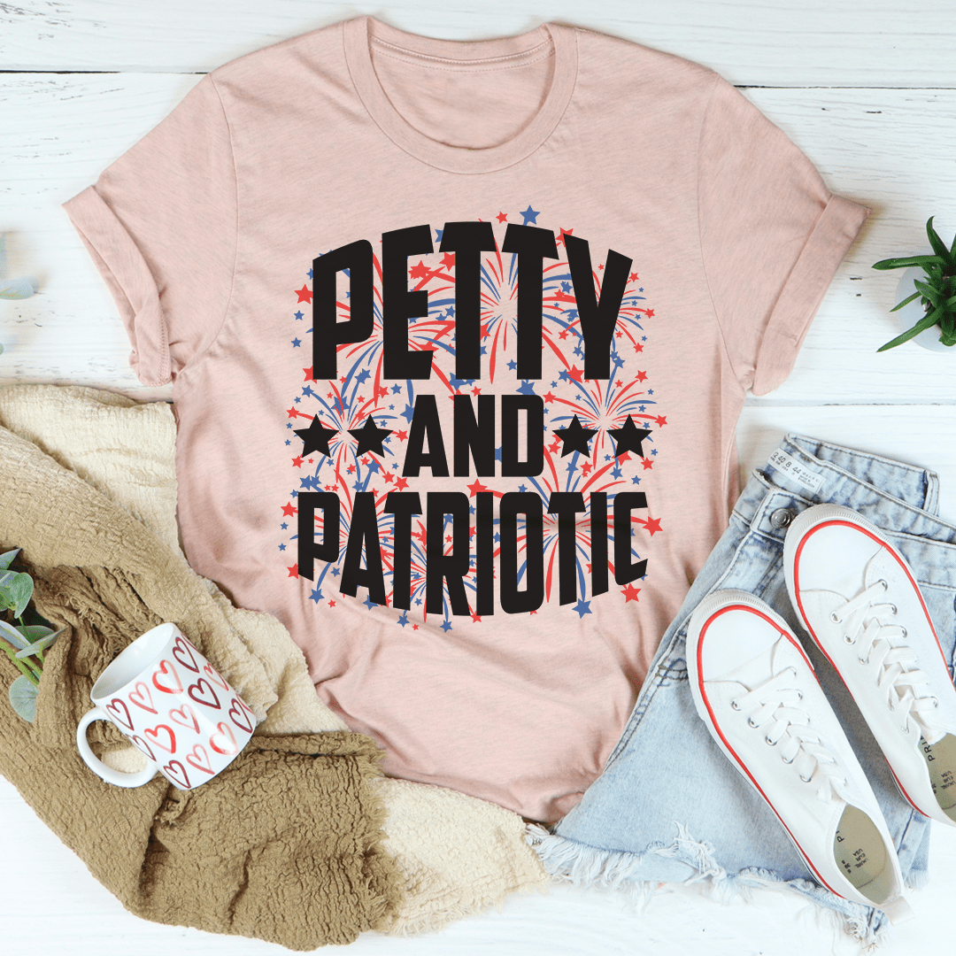 Pink crew-neck T-shirt with 'PETTY AND PATRIOTIC' star graphic