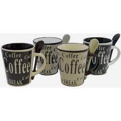 Coffee mug set of four tan mugs with printed coffee text and matching spoons