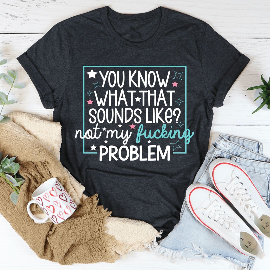 Dark grey crewneck T-shirt with centered colorful slogan graphic