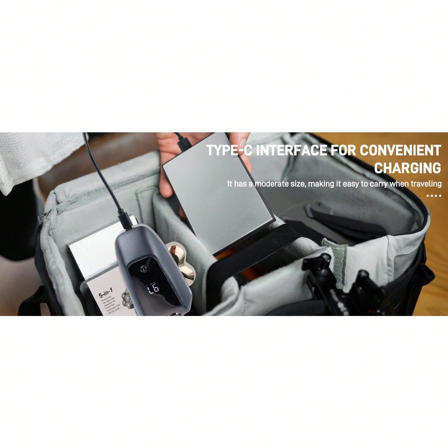 Electric rotary head shaver charging with Type-C cable in a storage case