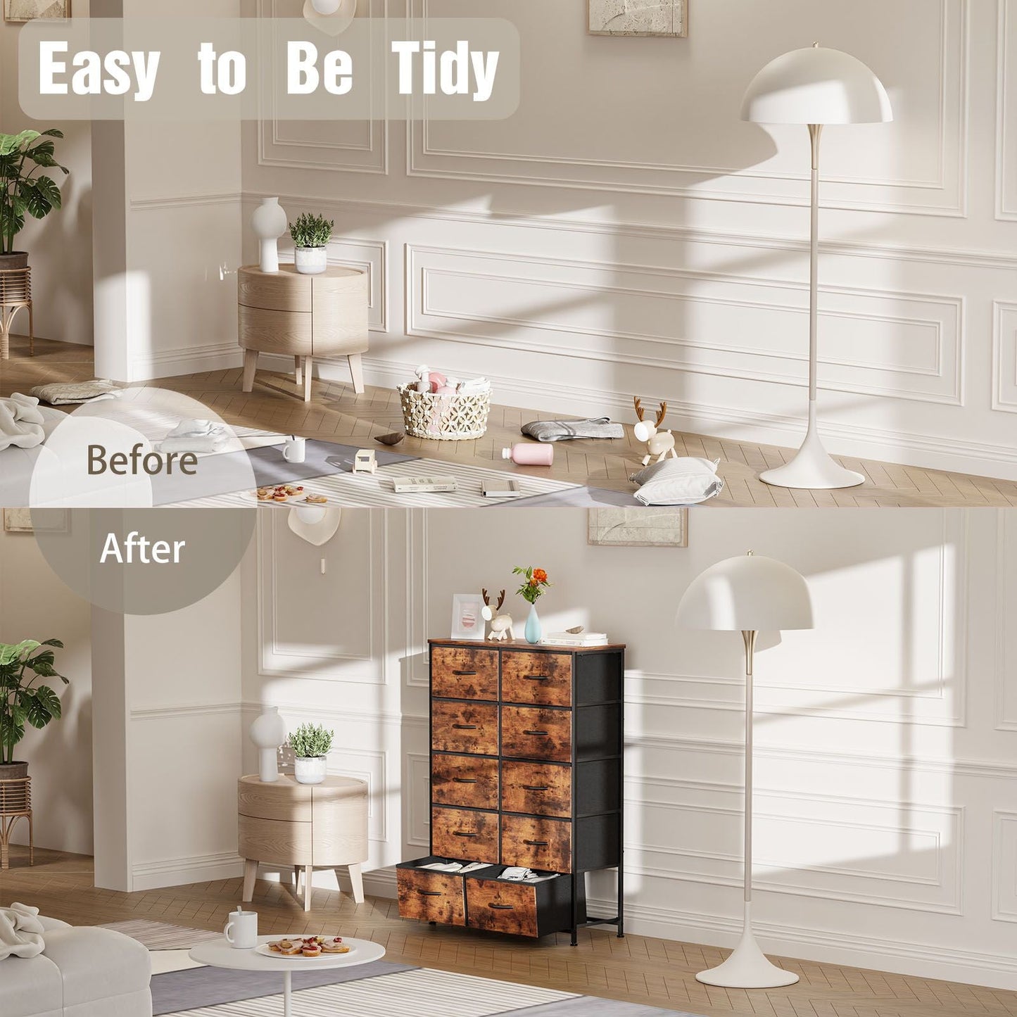 Bedside Table For Bedroom With 10 Fabric Drawers Storage Cabinet Steel Frame Closet For Clothes Storage Display Cabinet