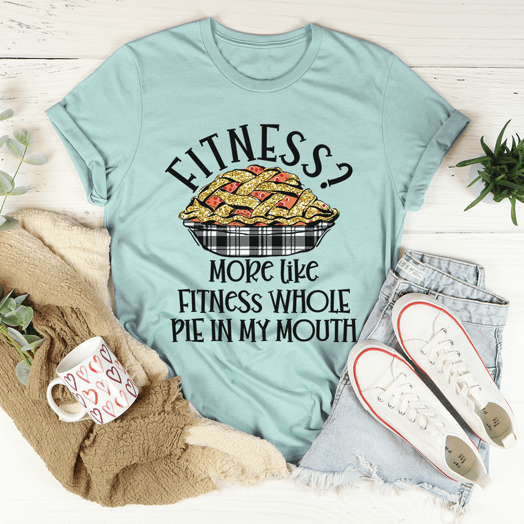 Dusty blue crewneck t-shirt featuring a pie-in-bowl graphic and text
