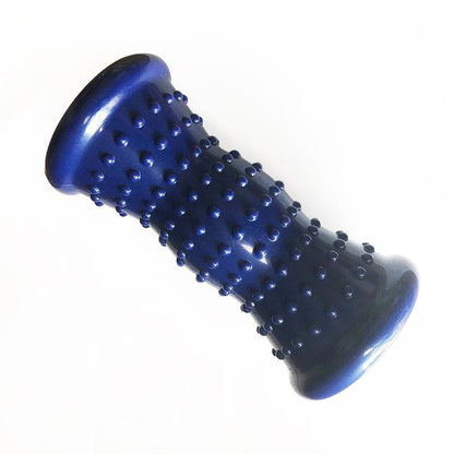 Blue foot massager roller, angled view, with domed massage nubs