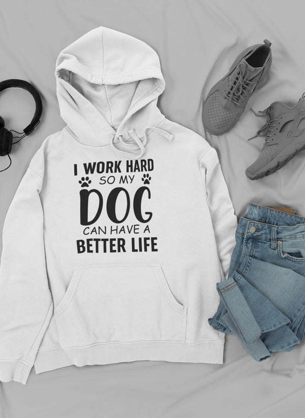 White hoodie with front 'DOG' text graphic and bold slogan