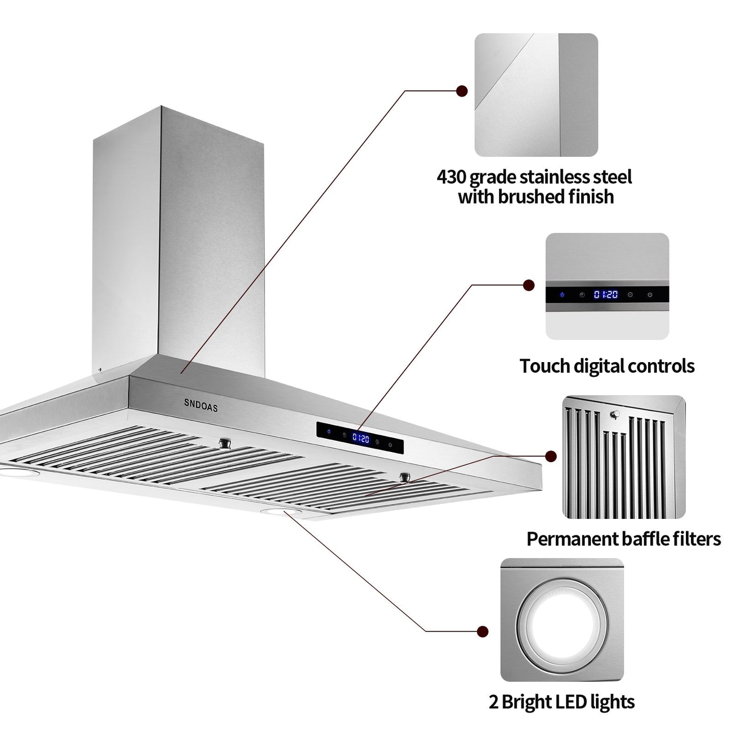 Stainless steel 30-inch range hood with touch controls and baffle filter grille