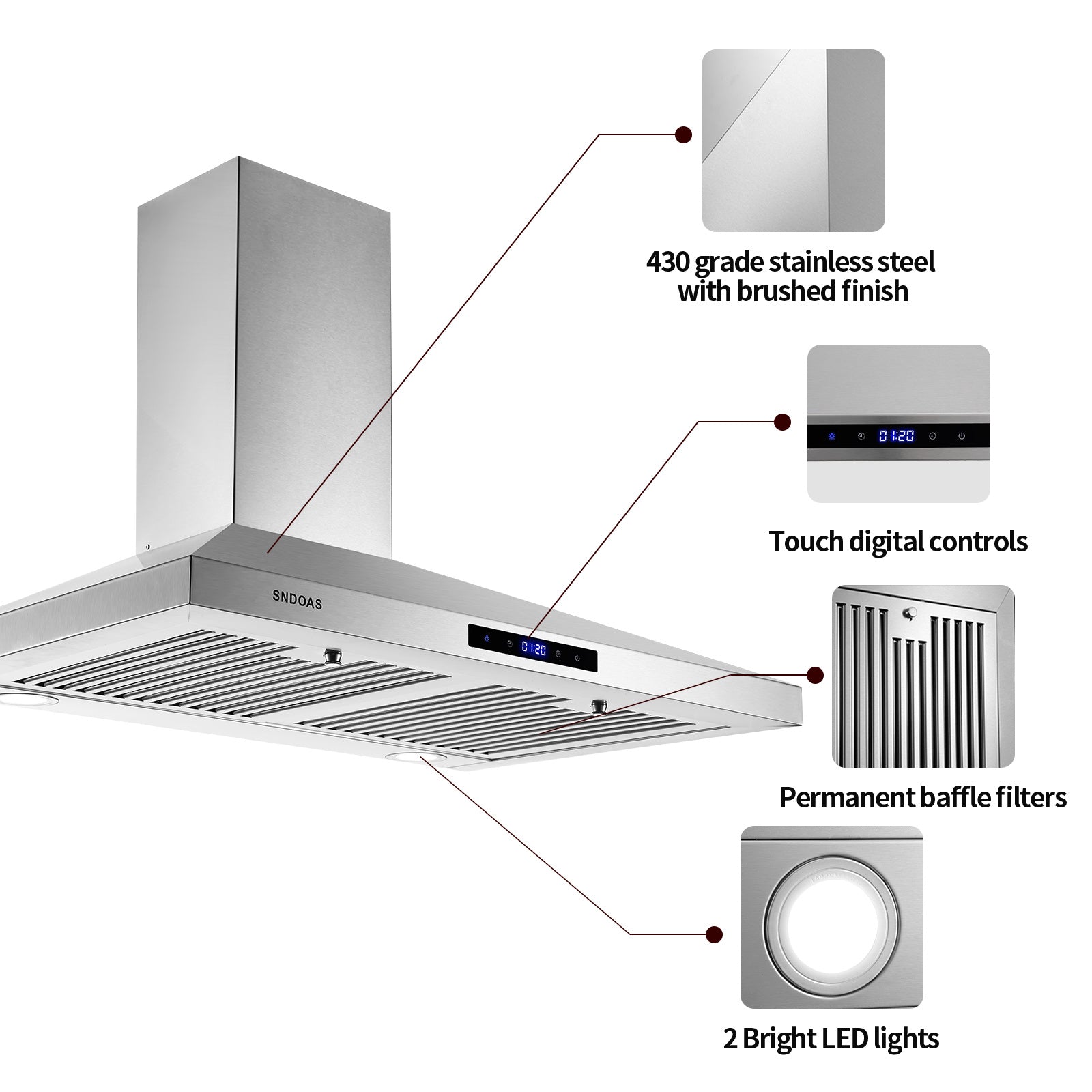 Stainless steel 30-inch range hood with touch controls and baffle filter grille