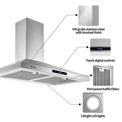 Stainless steel 30-inch range hood with touch controls and baffle filter grille