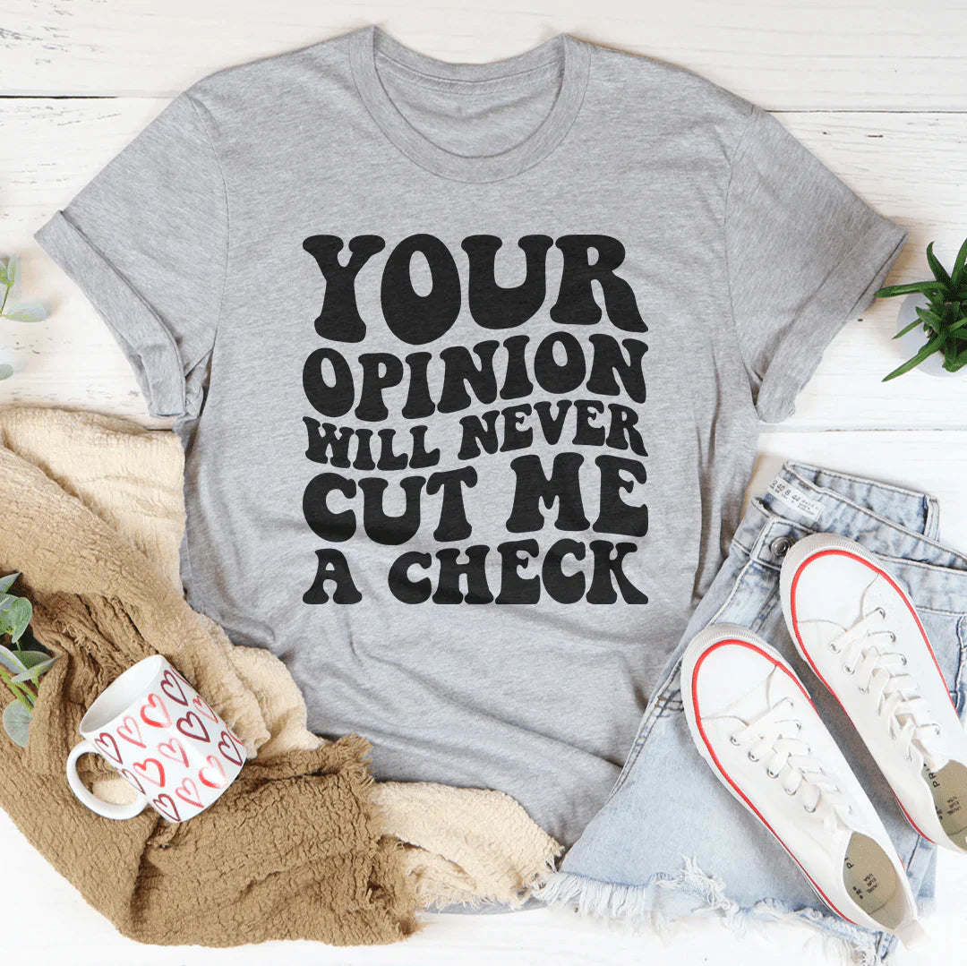 Gray heather short-sleeve crewneck T-shirt with large black slogan text graphic