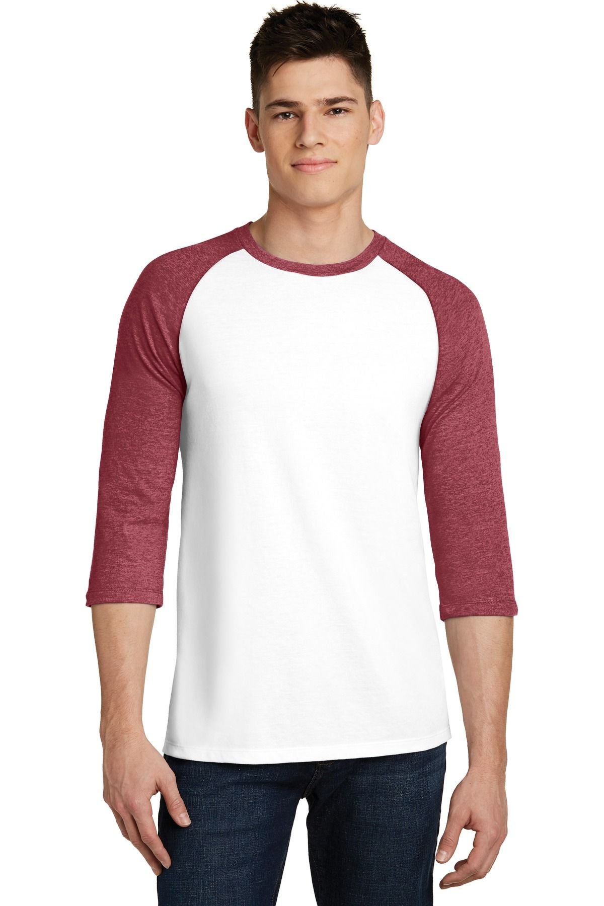 3/4-sleeve raglan tee with heathered red sleeves and white front