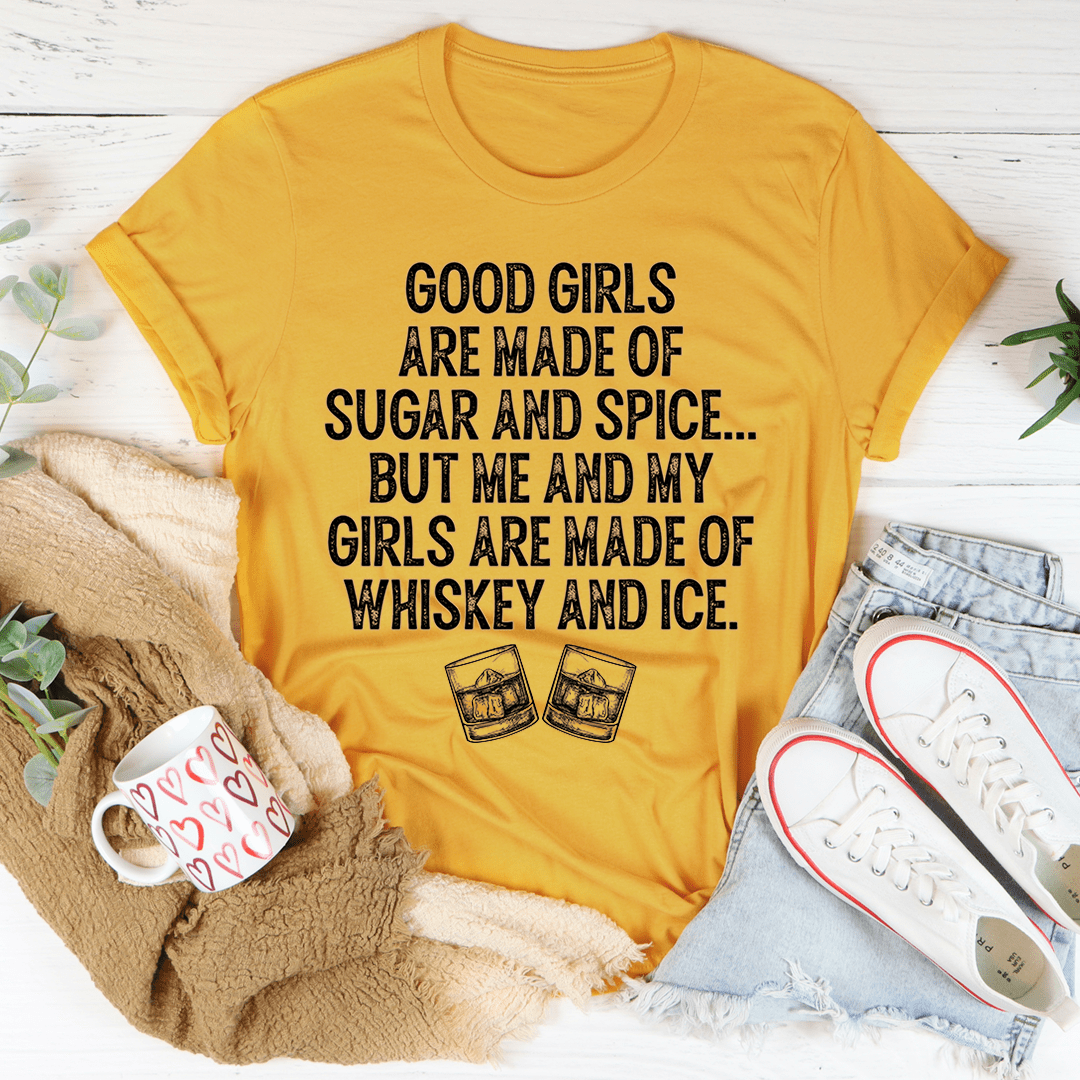 Mustard T-shirt with black 'sugar and spice' graphic slogan