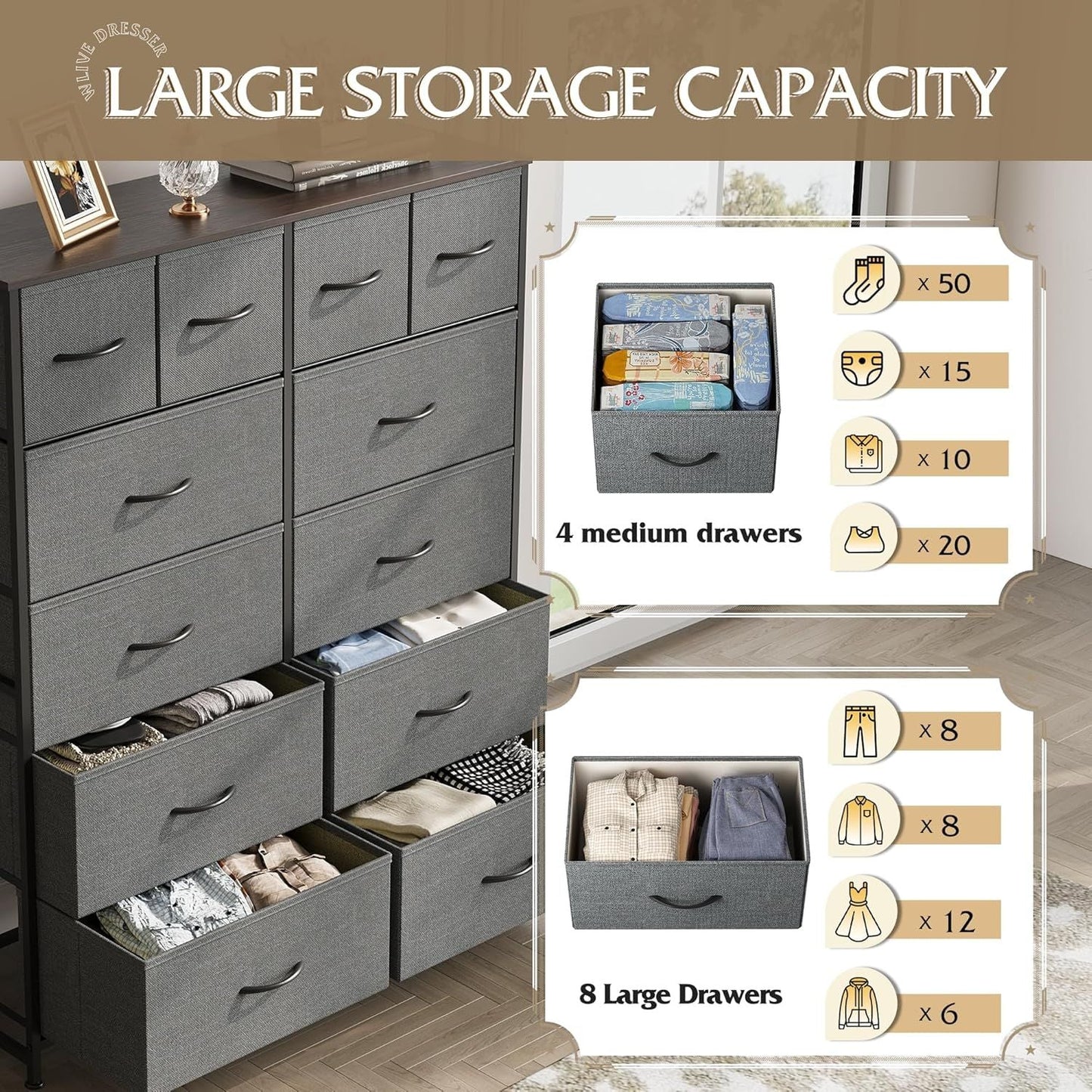 Tall Dresser for Bedroom with 12 Drawers, Dressers & Chests of Drawers, Fabric Dresser for Closet, Living Room, Storage Dressers with Storage Drawers, Steel Frame, Wood Top