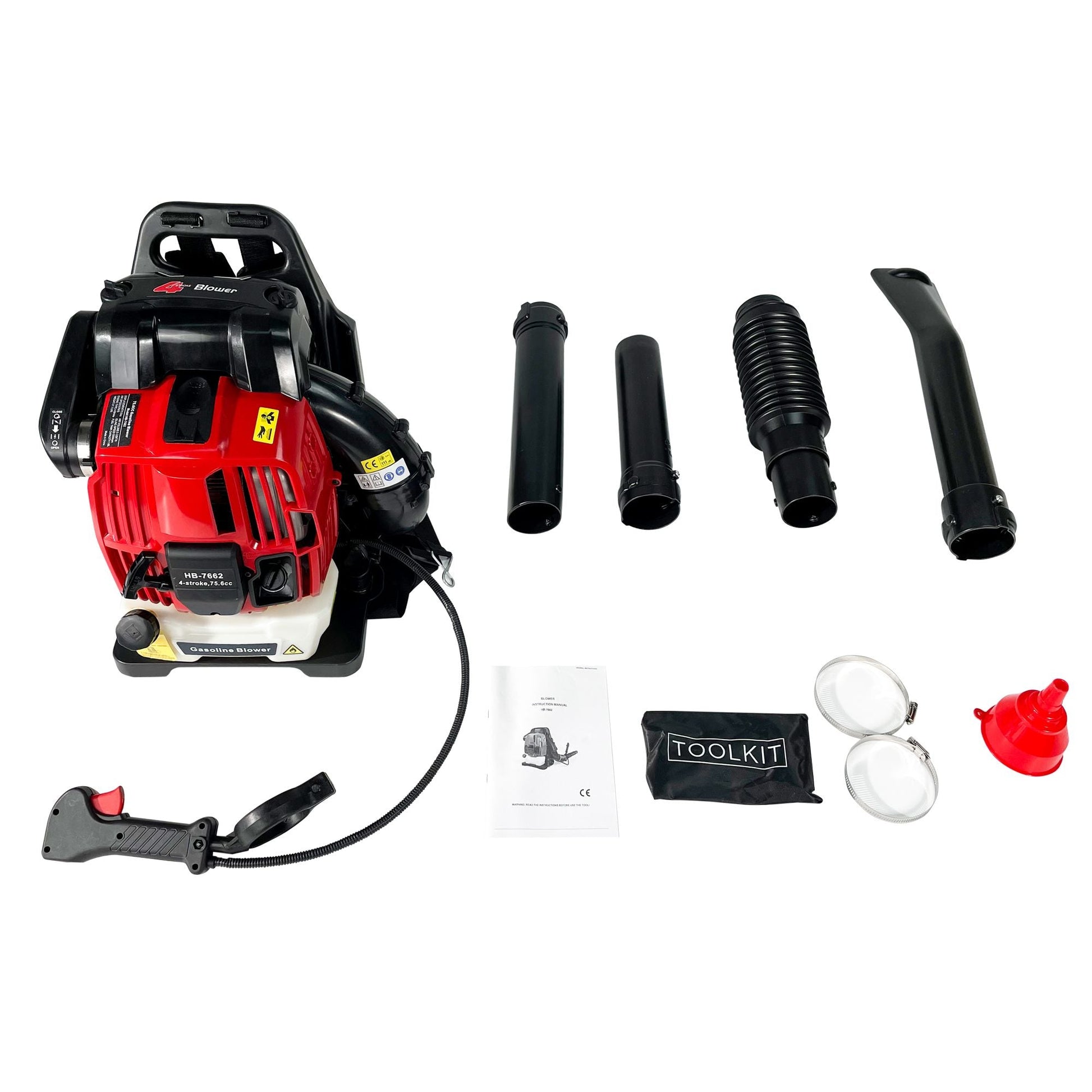 Gas backpack leaf blower kit with multiple black tubes and mounting parts