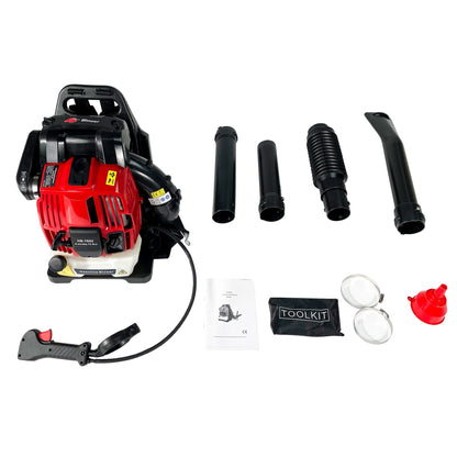 Gas backpack leaf blower kit with multiple black tubes and mounting parts