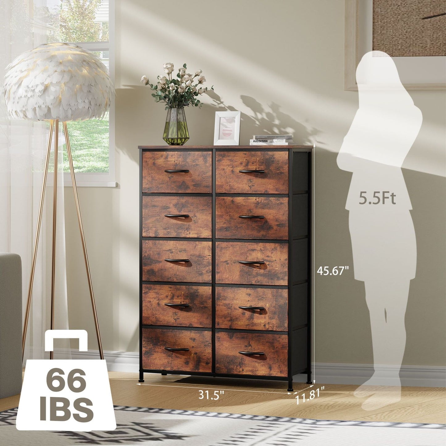 Bedside Table For Bedroom With 10 Fabric Drawers Storage Cabinet Steel Frame Closet For Clothes Storage Display Cabinet
