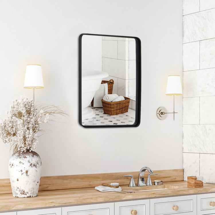 Rectangular wall mount mirror with matte black frame, clear reflective surface