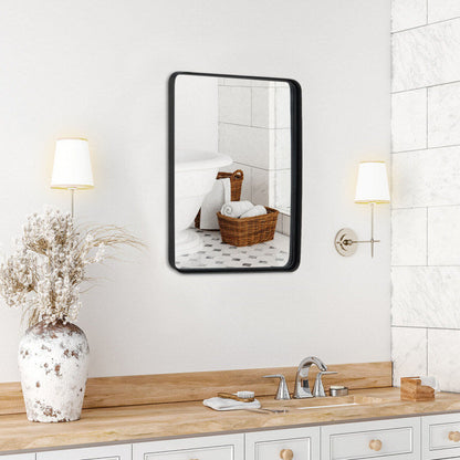 Rectangular wall mount mirror with matte black frame, clear reflective surface