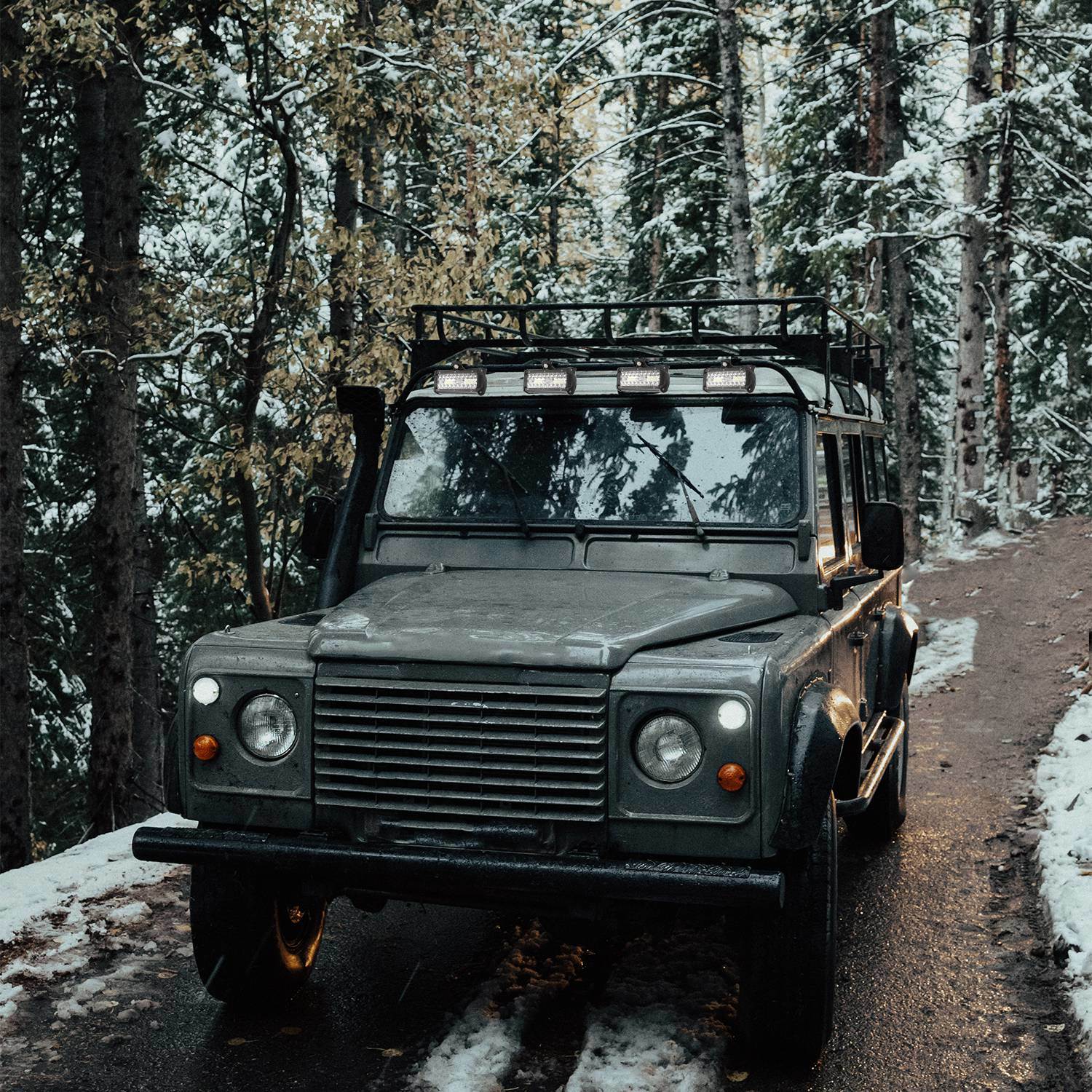 LED light bar mounted on an off-road vehicle roof rack