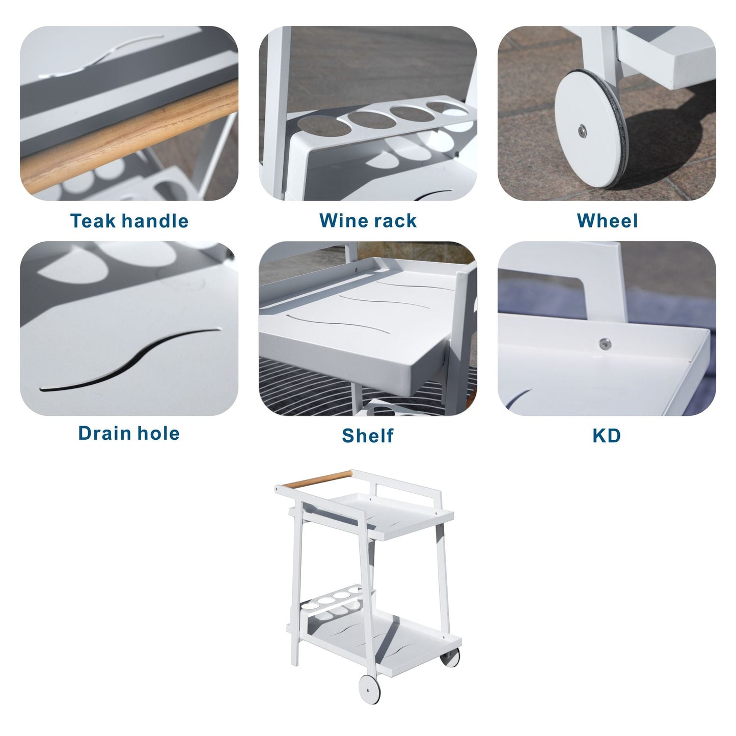 Aluminum White Indoor/Outdoor Patio Serving Dual-layer Cart with Teak Handle