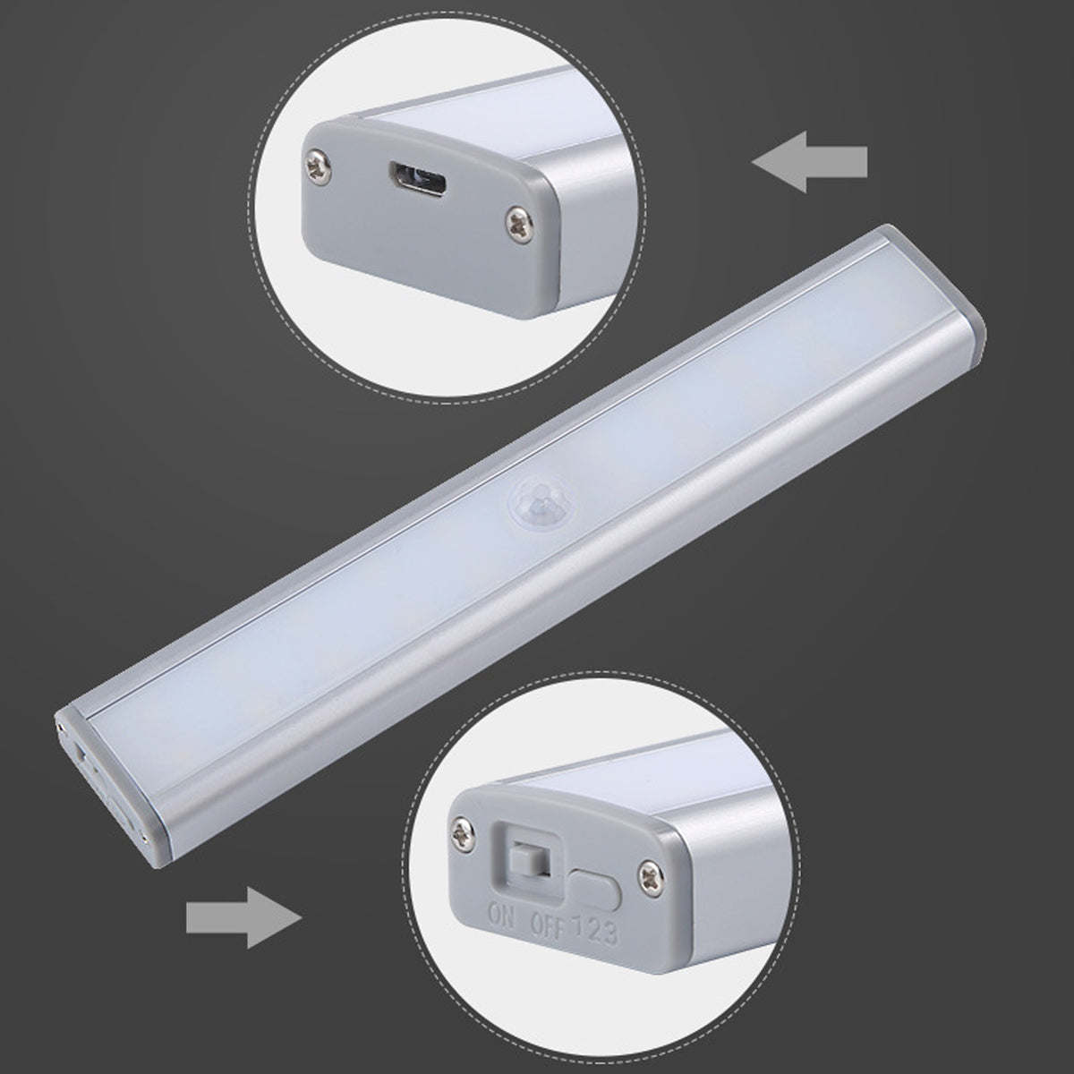 Rechargeable motion LED light bar showing side panel with USB port details