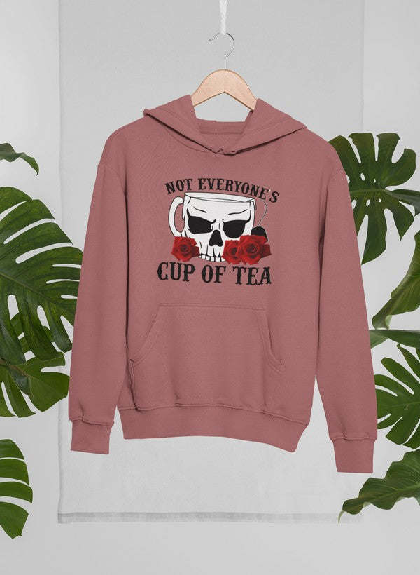 Rose mauve graphic hoodie with “Cup of Tea” skull and sunglasses print, kangaroo pocket.