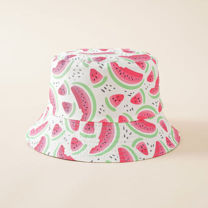 Watermelon-pattern bucket hat with wide brim, all-over red and green slices