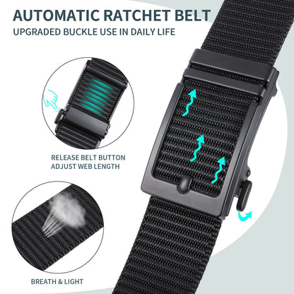 Black nylon ratchet belt with black automatic buckle and adjustable webbing