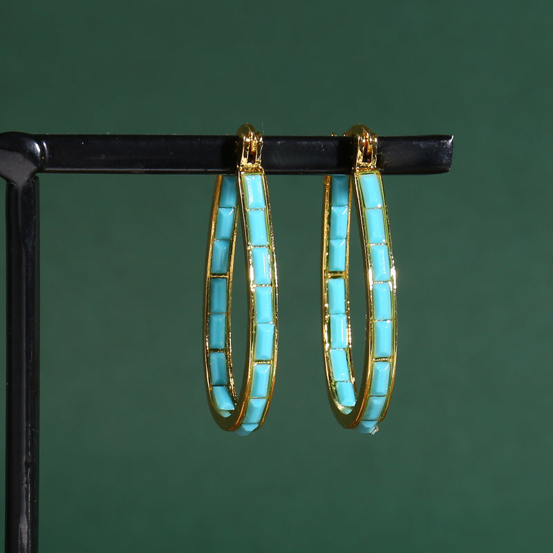 U Shape Hoop Earrings Inlaid Square Shape Synthetic Gems Fashion Piercing Earrings Jewelry 1 Pair